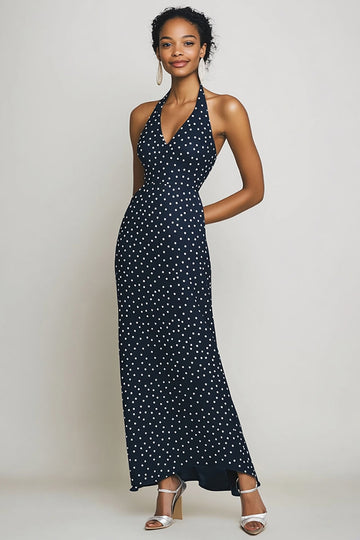 Halter Marinblå Slida Lång Vit Polka Dots Klänning